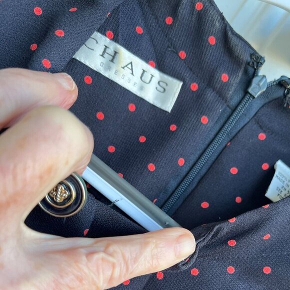 Chaus Red Polka Dot Sheath Dress, Gold Button, Long Sleeve, Size 12 - Picture 4 of 9